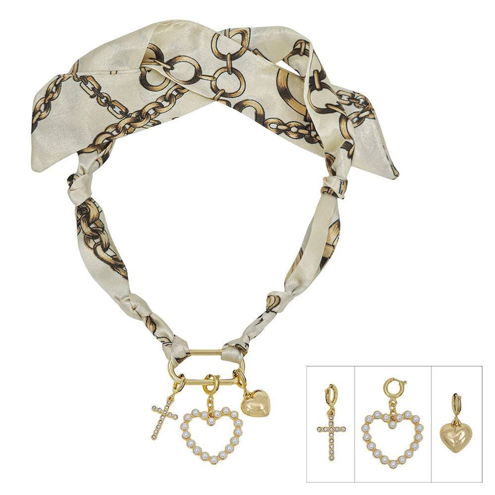 White Multi-Color Scarf Necklace | Heart Charm Accent